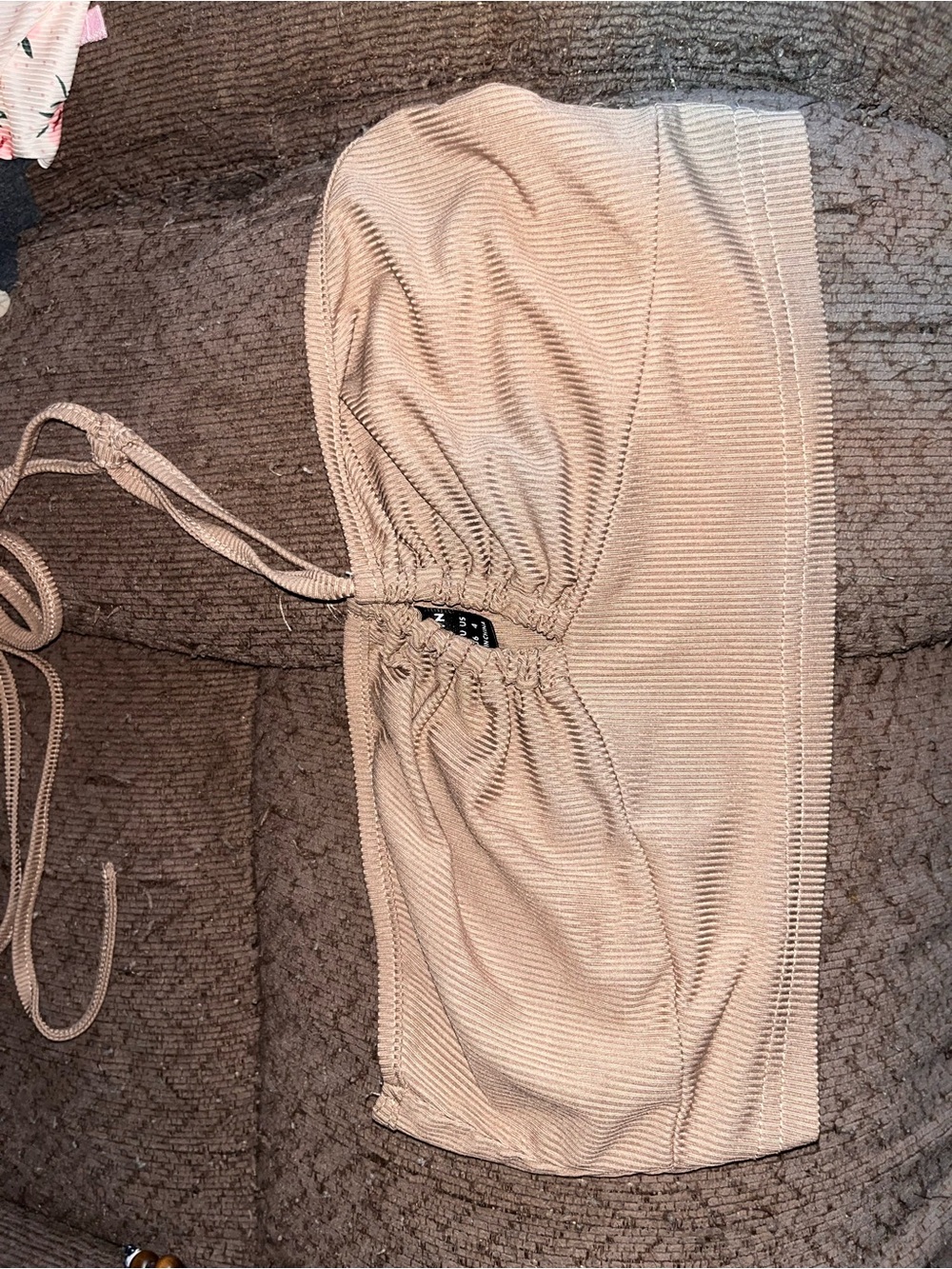 SHEIN Beige Ribbed Drawstring Bandeau Crop Top